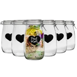 1.5L Air tight Glass Storage Jar with Embossed Heart Detail & Label - Pack of Six