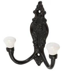 100mm x 115mm Black Ornate Double White Ceramic Coat Hook